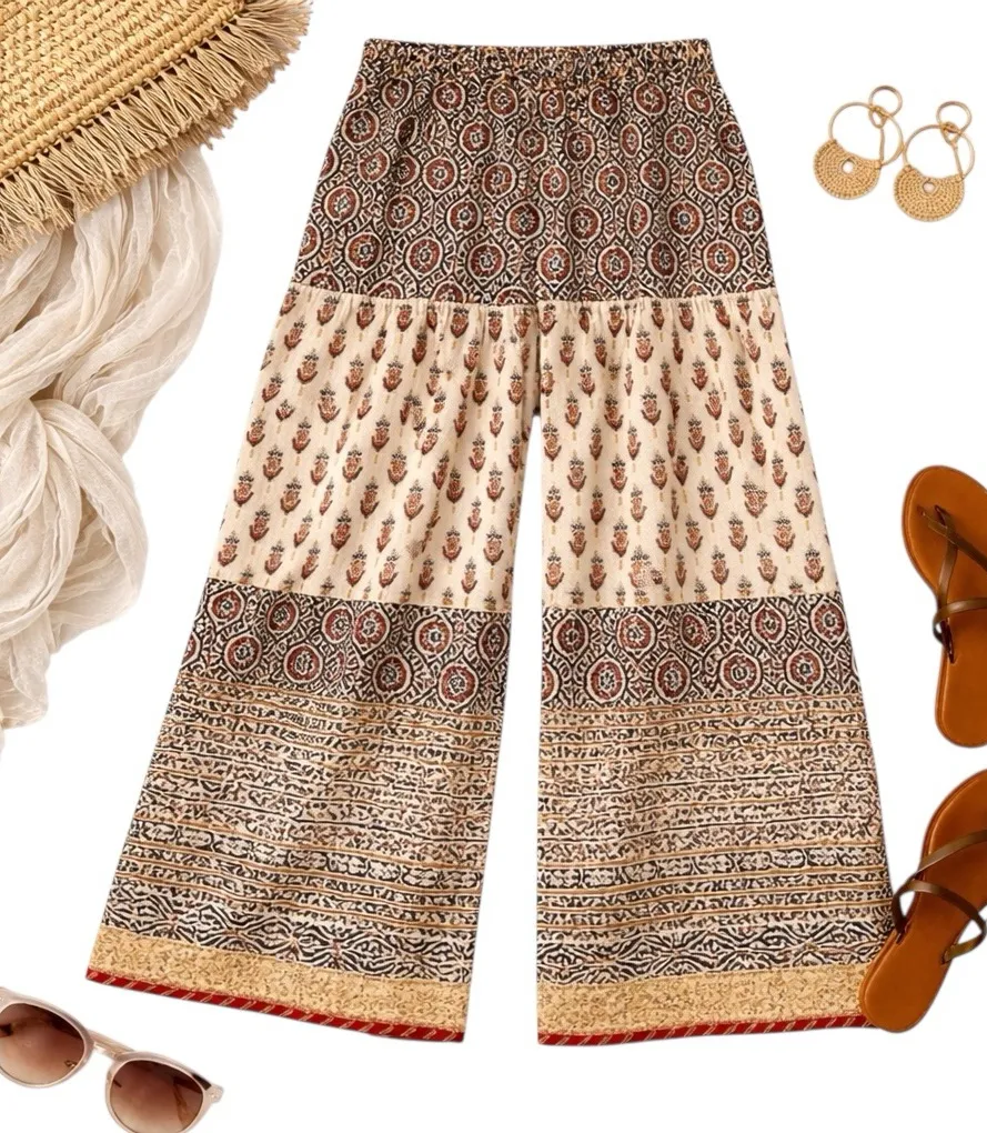 Studio Rasa Block Print Tiered Wide Leg Palazzo Pants Size 40 Boho Metallic Hem Gold - Image 1