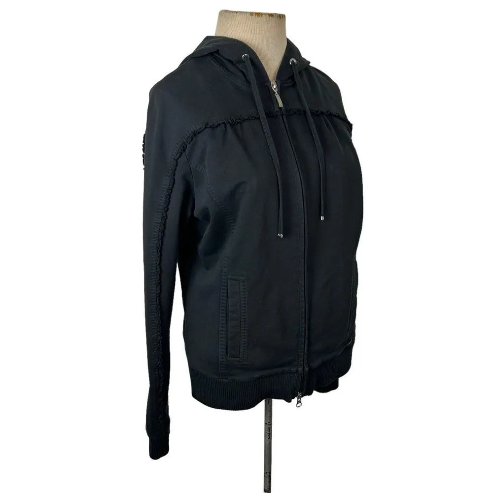 ESCADA SPORT womans size Medium Black hoodie full zip track jacket ruffle trim - Image 5