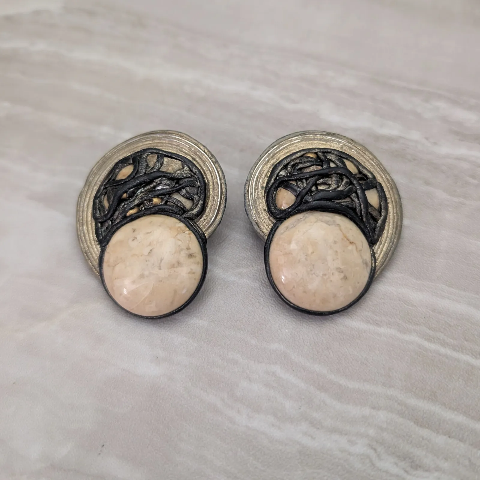 Vintage Clip On Earrings Very Large Statement Stone? Accent Unusual Retro Glam - Image 2