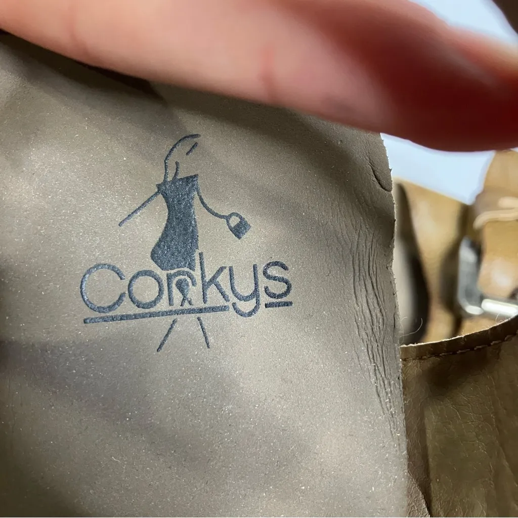 Corky’s‎ Y2K chunky faux leather platform sandals tan brown silver womens size 8 - Image 8