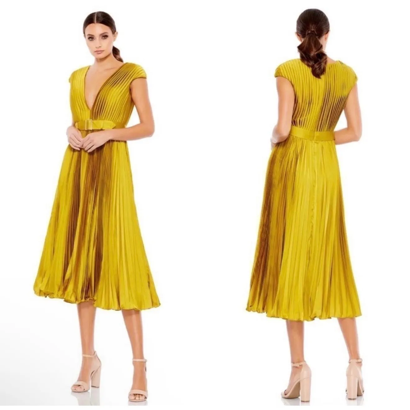 NWT MAC DUGGAL Pleated Cap Sleeve Belted ALine Dress 26483 Chartreuse Sz 10 $338 - Image 2