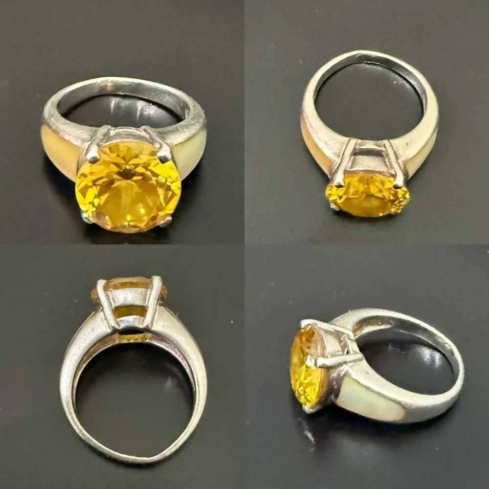 Vintage Sterling Silver 925 Citrine CZ Stone Mother Of Pearl Solitaire Ring Sz 7 Yellow - Image 6
