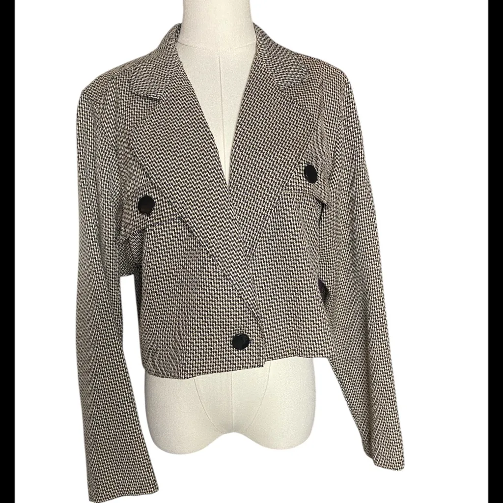Vtg Leslie Fay Cropped Herringbone Jacket with Faux Pocket Detail Size 14 - Image 3