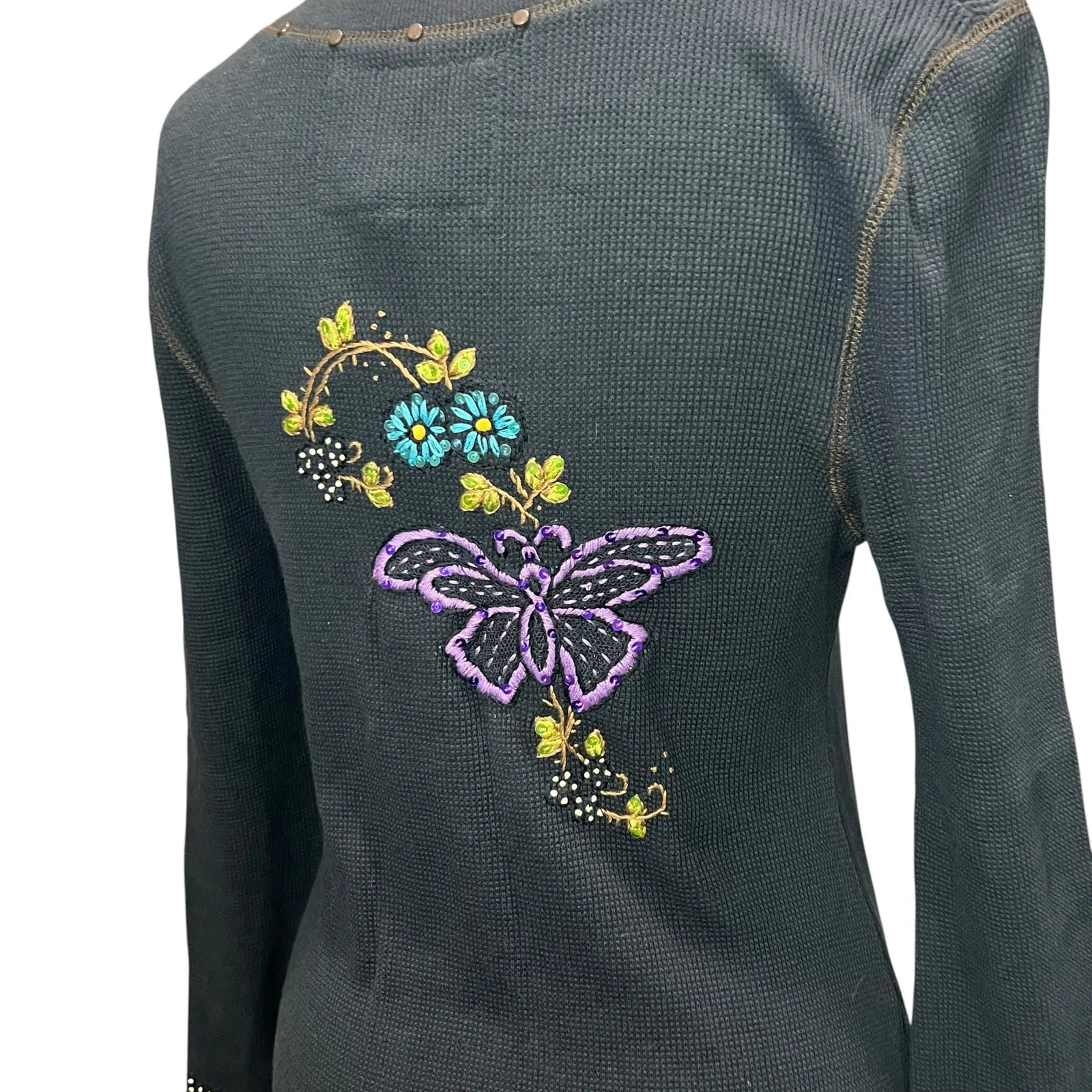 Soul Revival Y2K Waffle Knit Tee Large Black Floral Butterfly Embroidered Boho - Image 5
