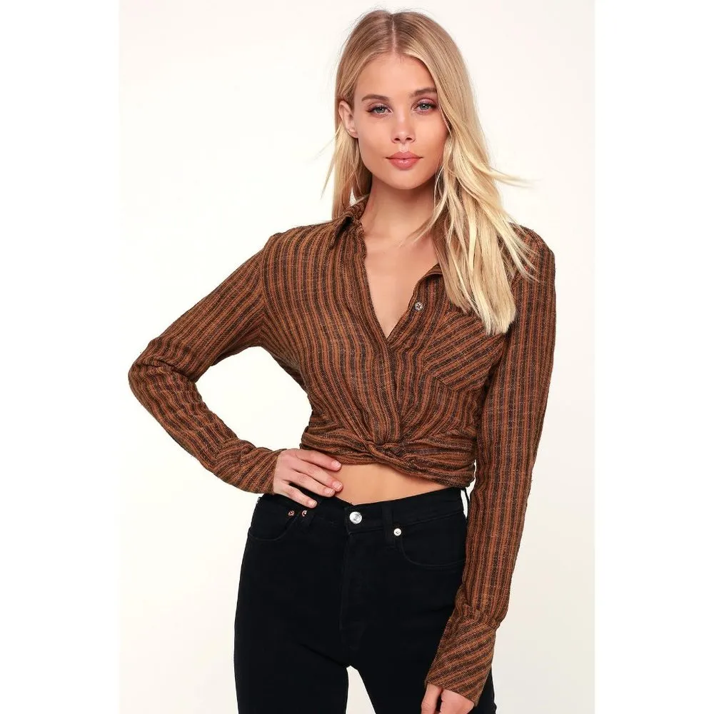 Free People Lust for Life Striped Long Sleeve Twist Crop Top Shirt Medium - Image 5