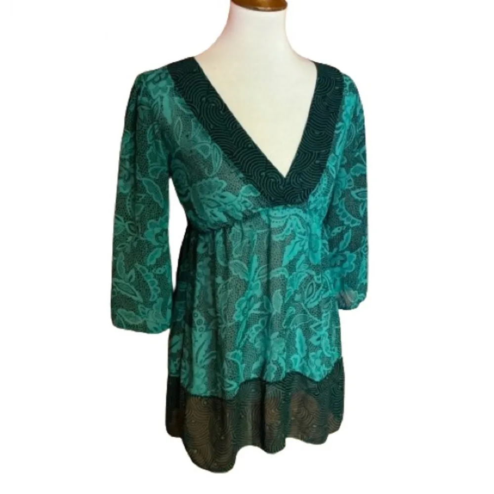 Vanity Y2K Green Boho Peasant Tunic Top V - Image 2