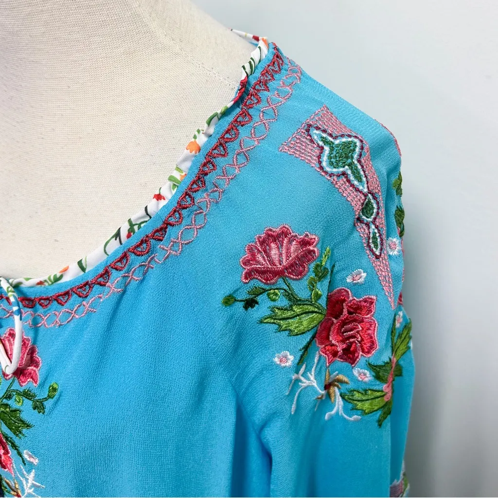 John Mark Blue Chiffon Floral Embroidered 3/4 Sheer Sleeve Notch V Neck Tunic 2X - Image 3