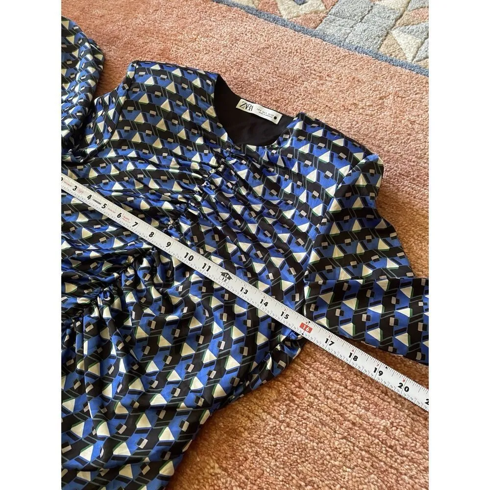 Zara Blue Geometric Print Mini Dress Ruched Long Sleeve Size S - Image 3