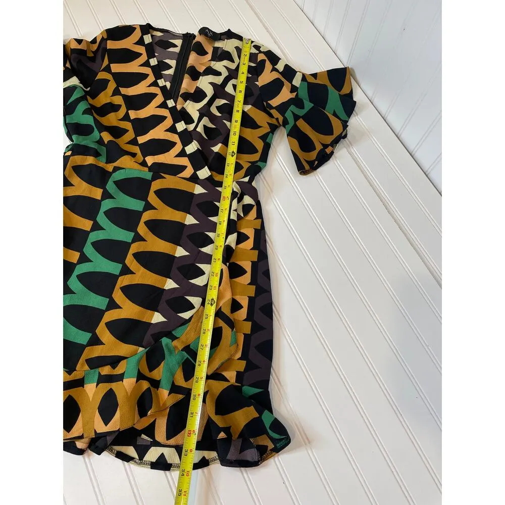 AX Paris Green Black Green Aztec Printed Day Mini Wrap Dress Ruffled Size S - Image 7