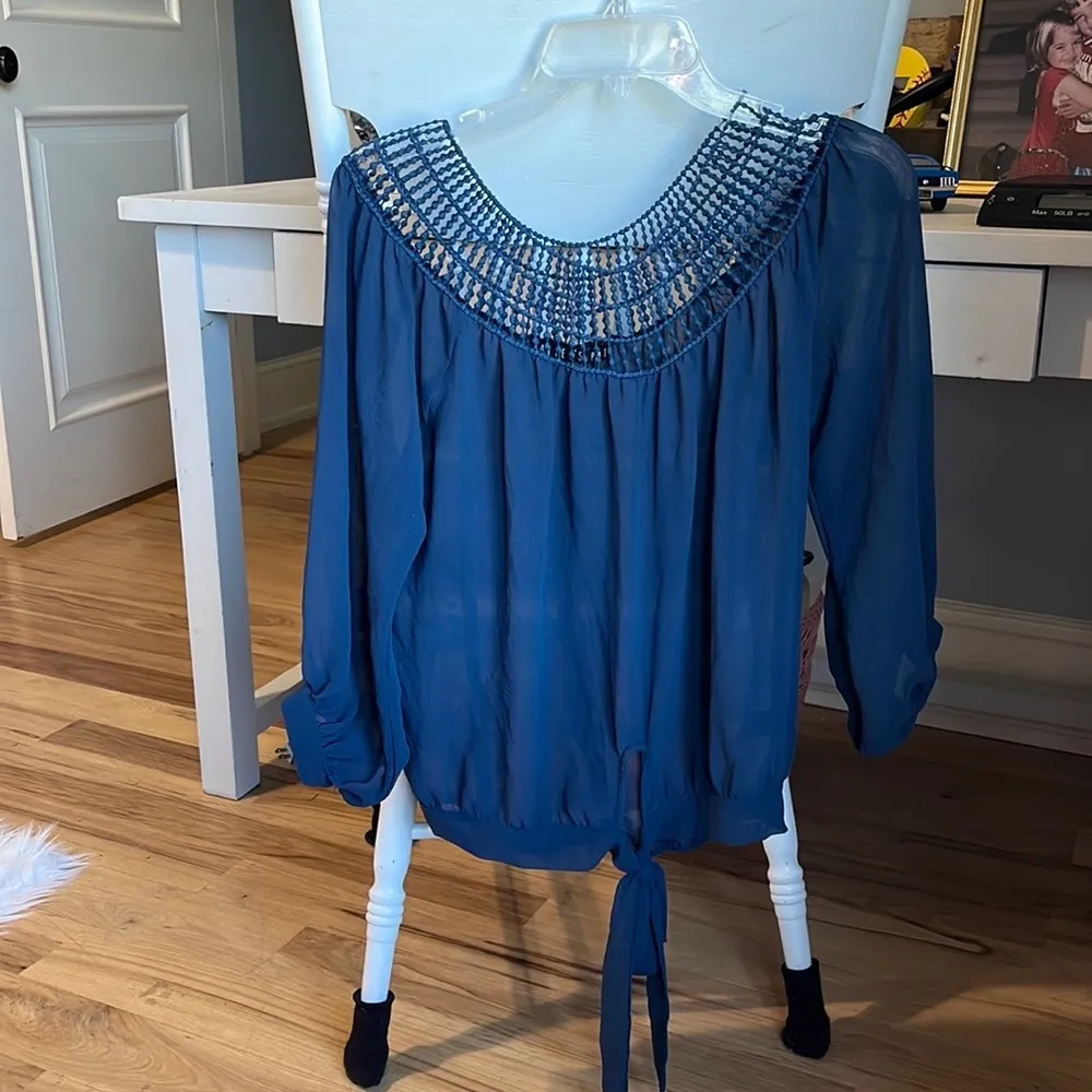 Potters Pot Navy Blue Blousey Shirt Womens Small Tie Top - Image 14