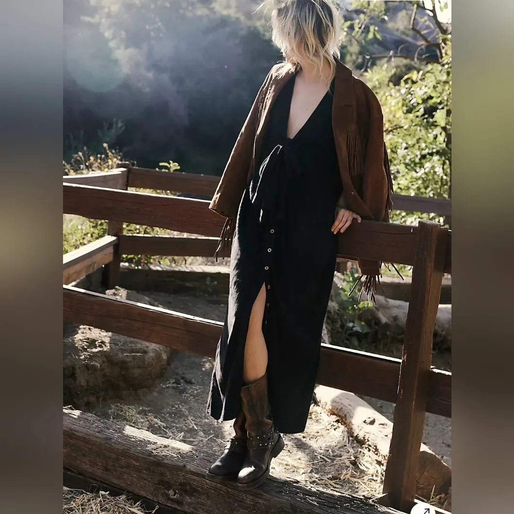 Free People Vintage Summer Midi Dress Tie Front Button down Black Size Large - Image 2