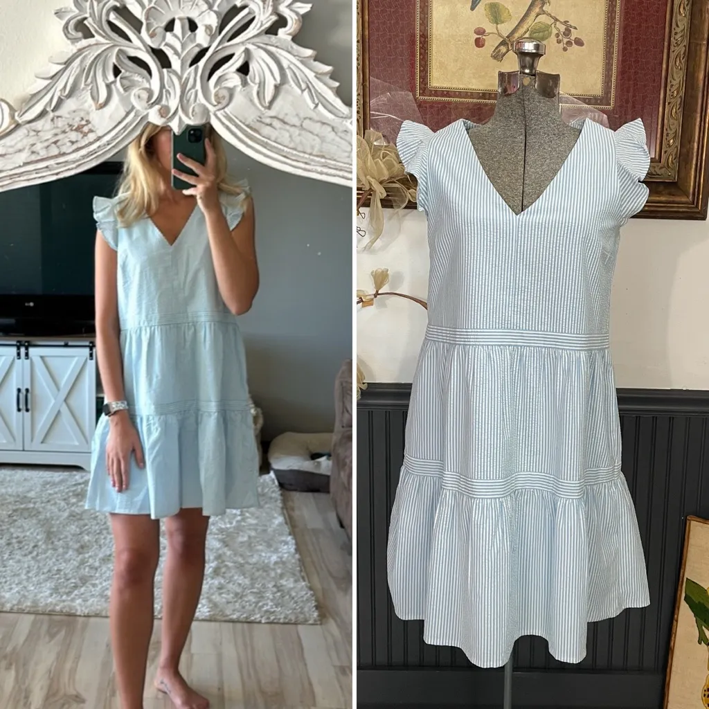 Southern Tide Evelyn Seersucker Tiered Blue & White Cotton Dress - Sz XS 💚🎀 - Image 2