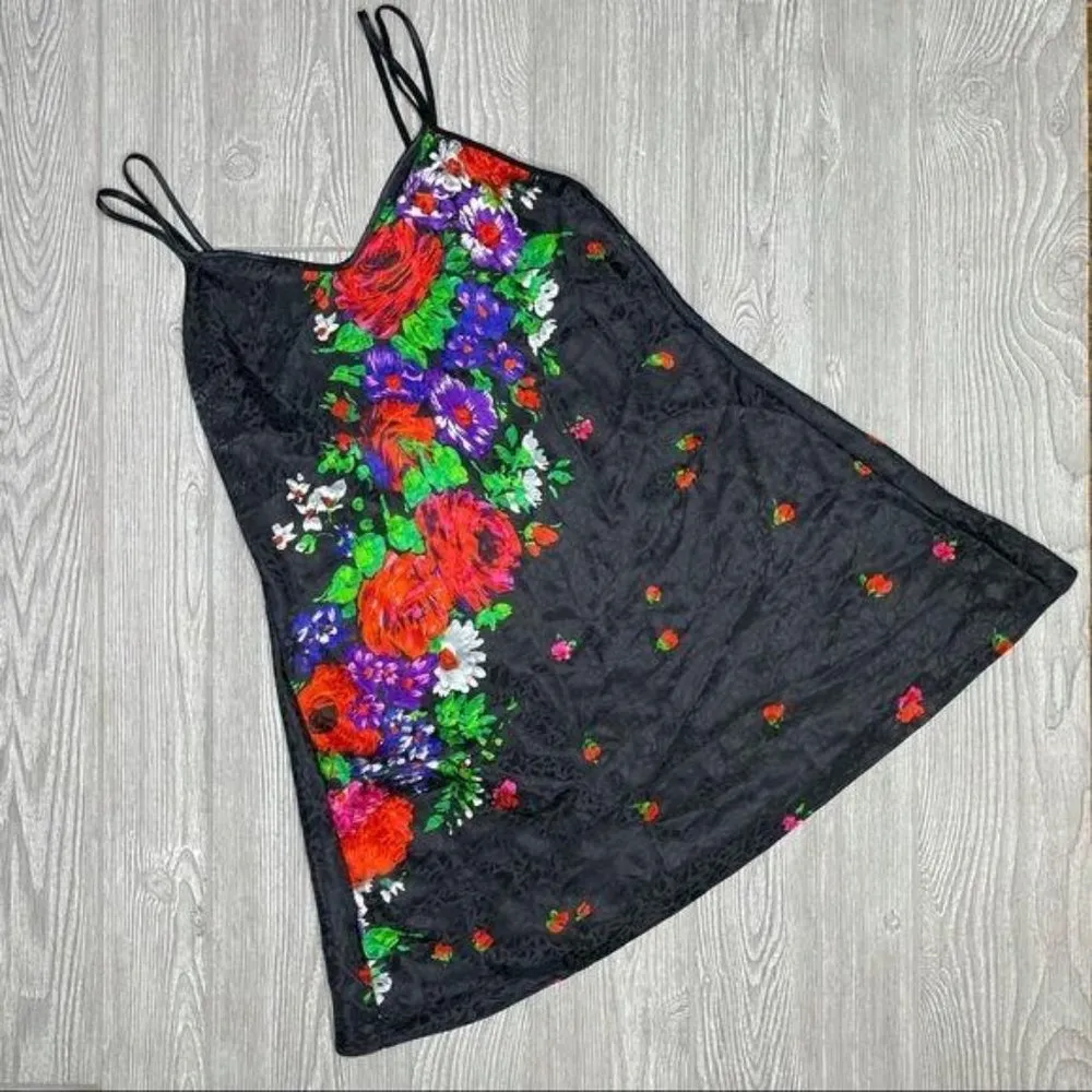 Vintage Val mode lingerie floral black baby doll dress sleepwear nightgown s - Image 5