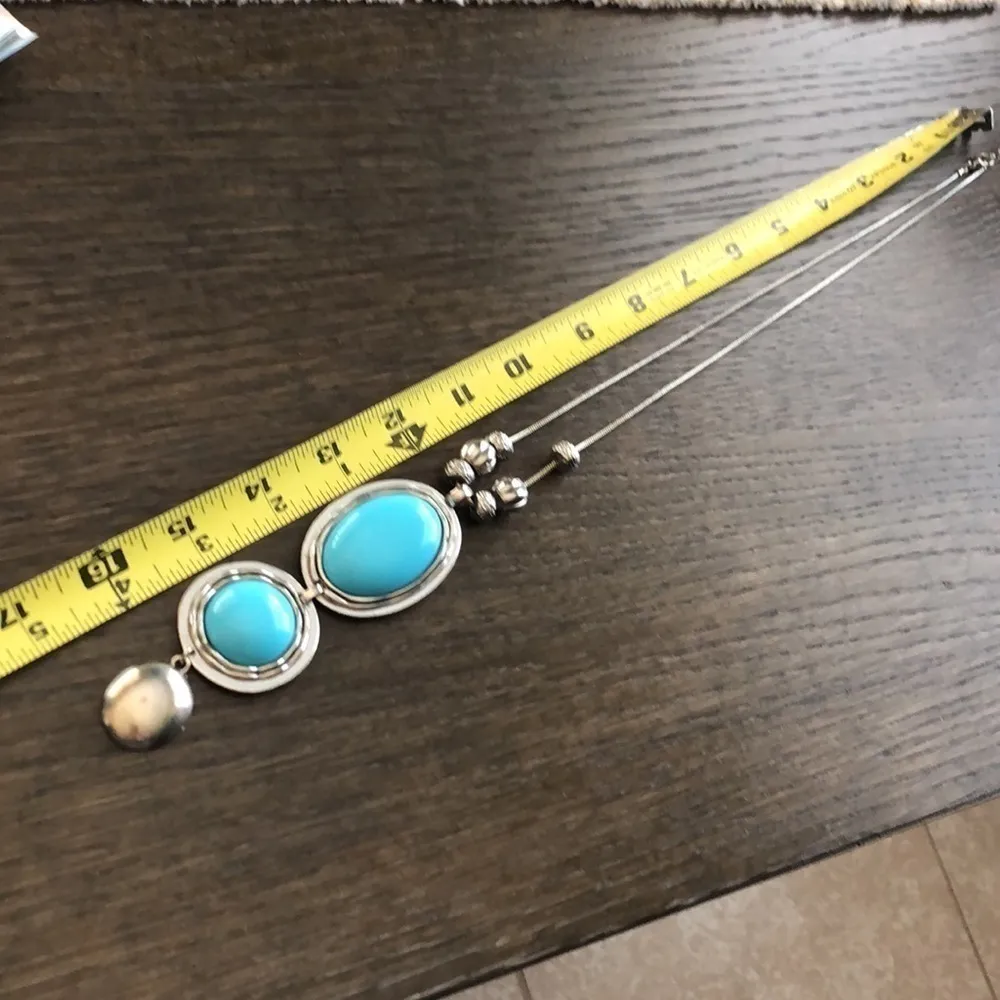 70s inspired Fashion long necklace w faux turquoise stones Blue - Image 7