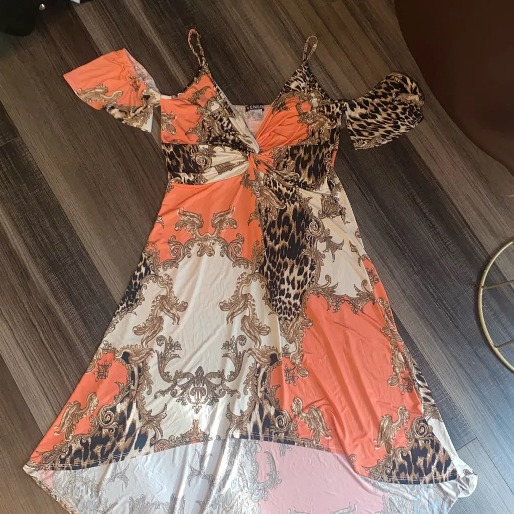 VENUS Orange and Beige Patterned Dress - Image 4