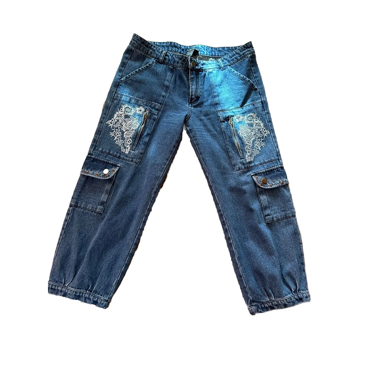 Venus‎ Womens Size 10 Medium Wash Floral Embroidered Cargo Denim Jean Joggers - Image 4