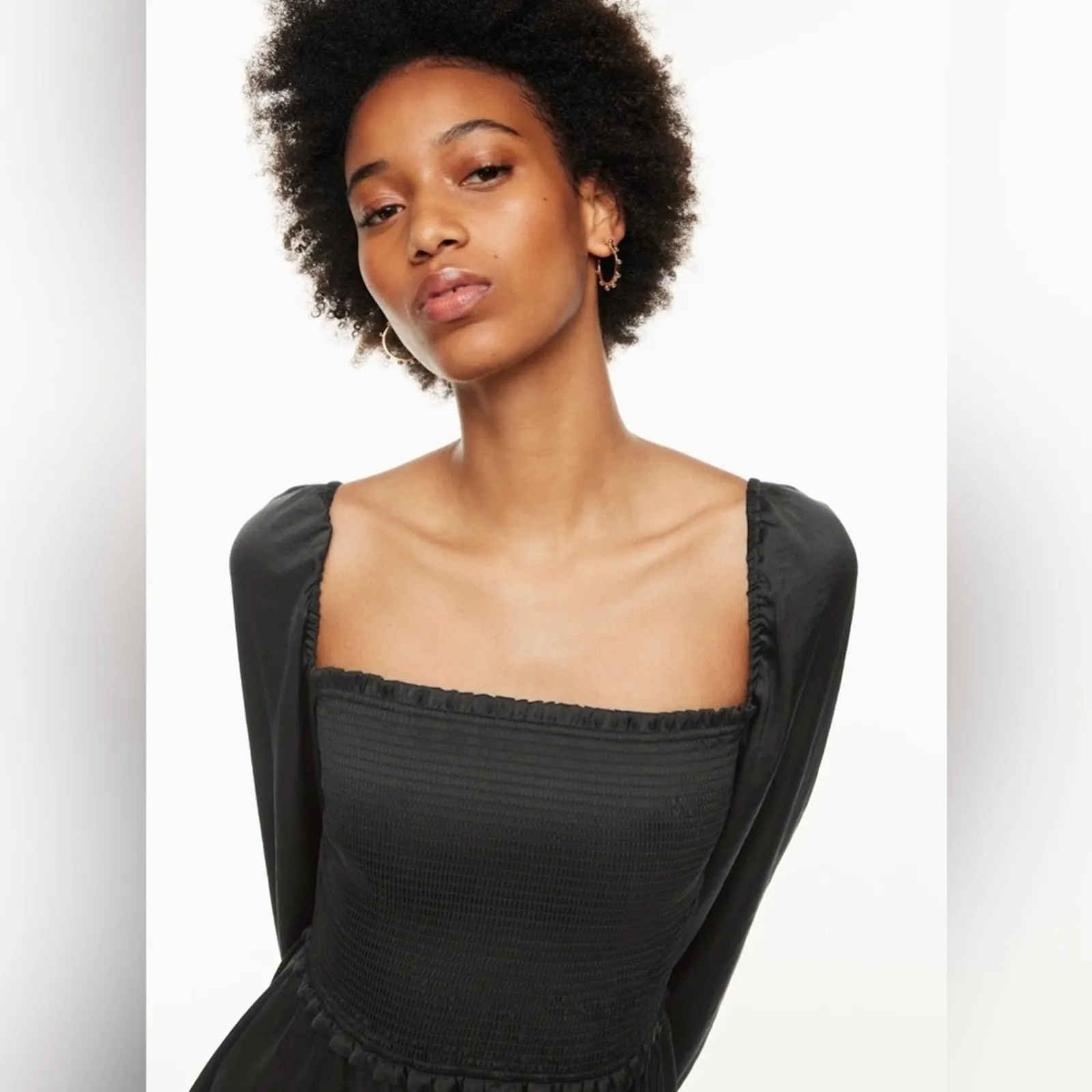 NEW Wilfred Aritzia Tempest Mini Dress Womens M Black Satin Ruffled Smocked - Image 10