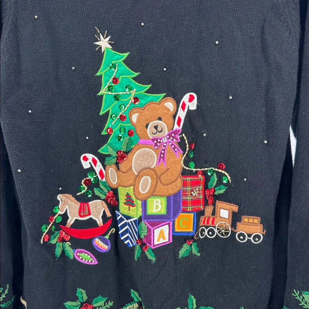 KIKIT Black Sweater with Teddy Bear Christmas Tree Design cowl neck L metallic Size L - Image 4