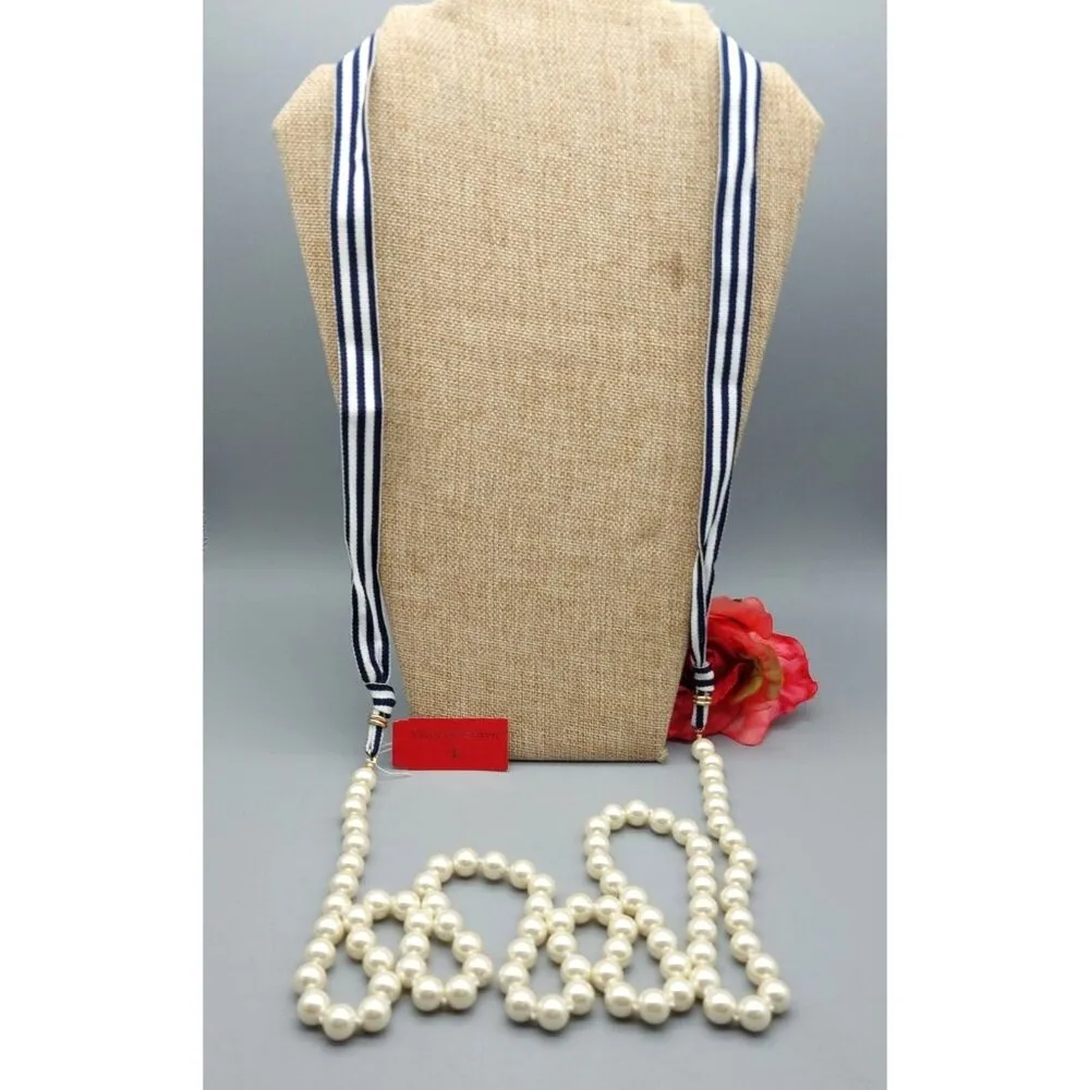 Vineyard Haven NWT Long Strand Knotted Faux Pearl Necklace Nautical Ribbon Tie - Image 3
