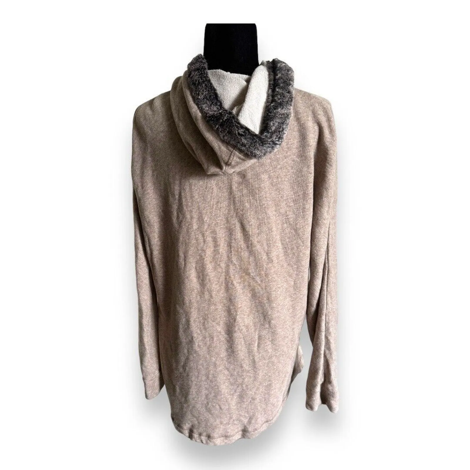 SOFT SURROUNDINGS Cabin Cuddle Up Fur Trim Hoodie Tunic Terry Sweatshirt Tan M - Image 4