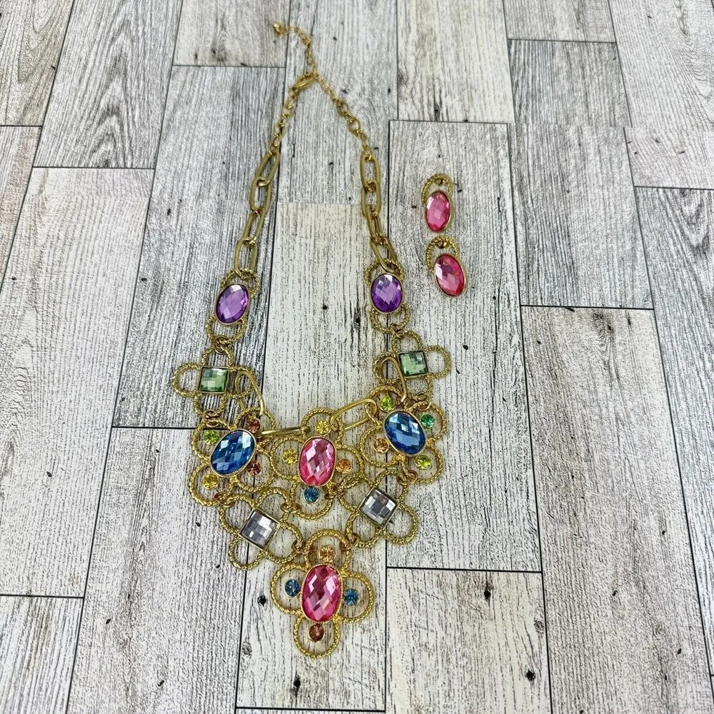 Pastel‎ Gemstone Statement Bib Necklace Earrings Set Gold - Image 7