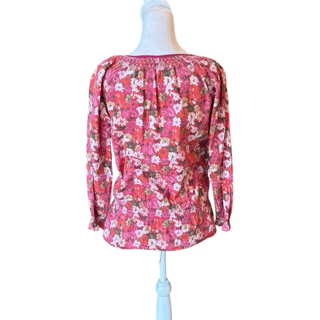 LL Bean Pink Floral Blouse Cotton Boho Cottage Womens Size Medium - Image 2