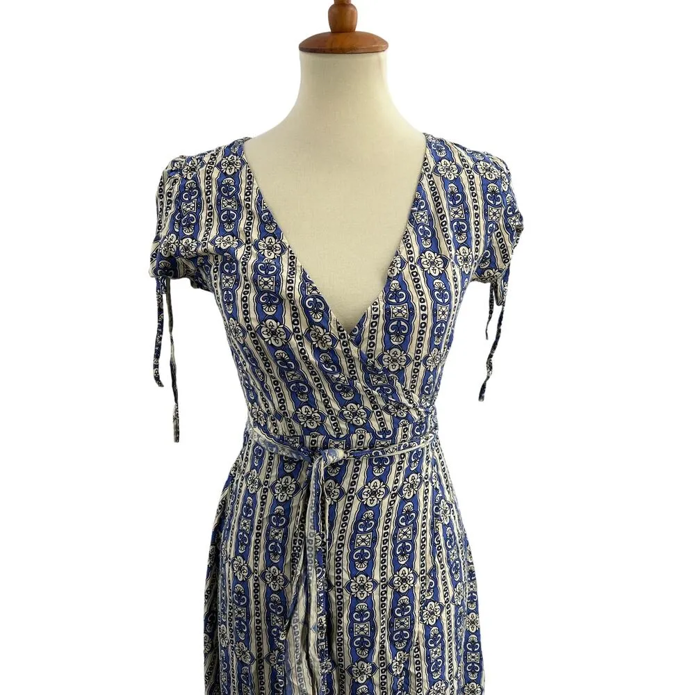 Cleobella Wrap Dress Small Blue Pattern Short Sleeve Lightweight - Image 3