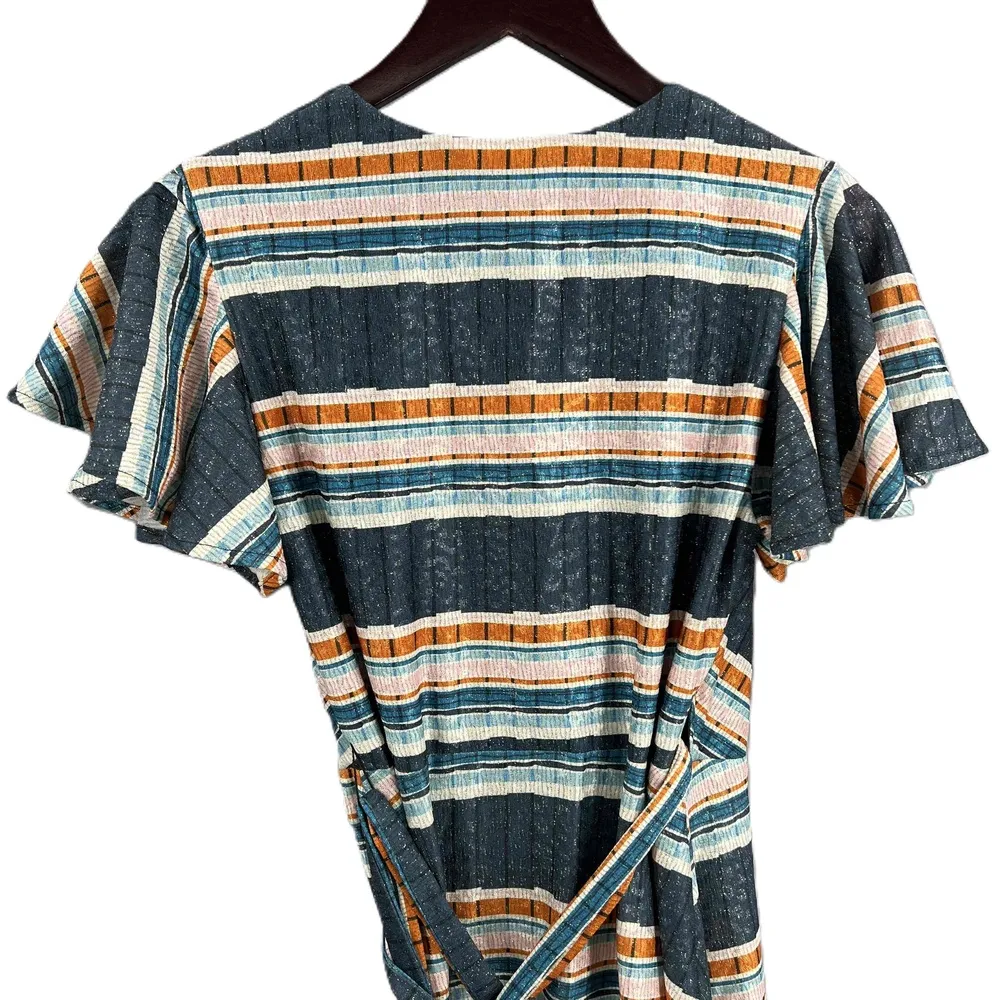 Eva Franco Sparkly Stripe Wrap Dress Flutter Sleeves Womens Size 0 New Orange - Image 5