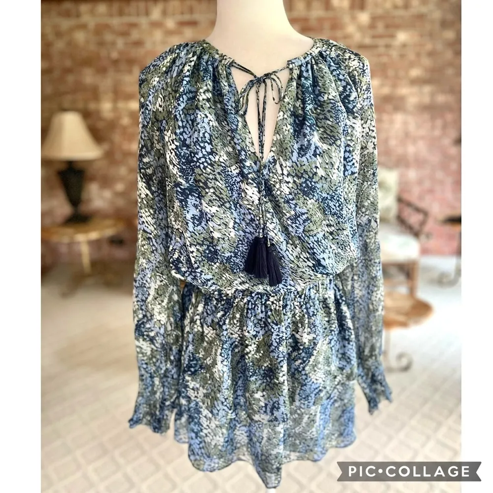 Ramy Brook Brinley Dress Mini Blouson Blue Sage Silk 8 Boho Chic Garden Party - Image 4