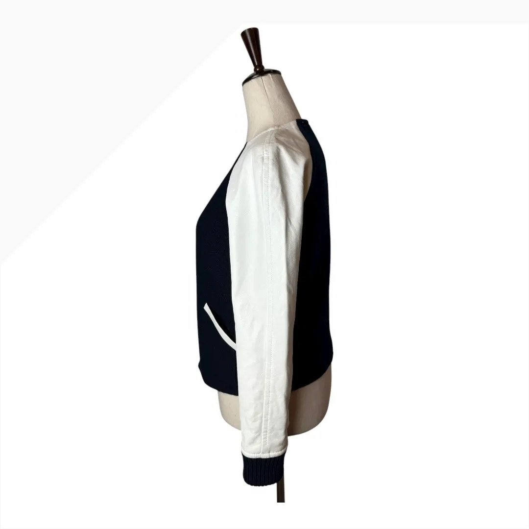 Club Monaco Coat Women XS Navy Wool White Faux Leather Sleeve Varsity‎ Jacket - Image 6