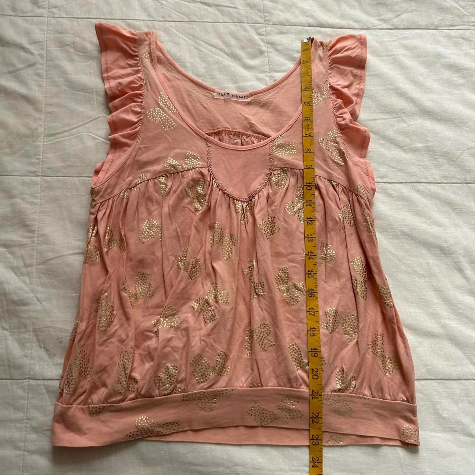Tsumori Chisato Pink & gold bow print ruffle sleeve top Size 2 - Image 6