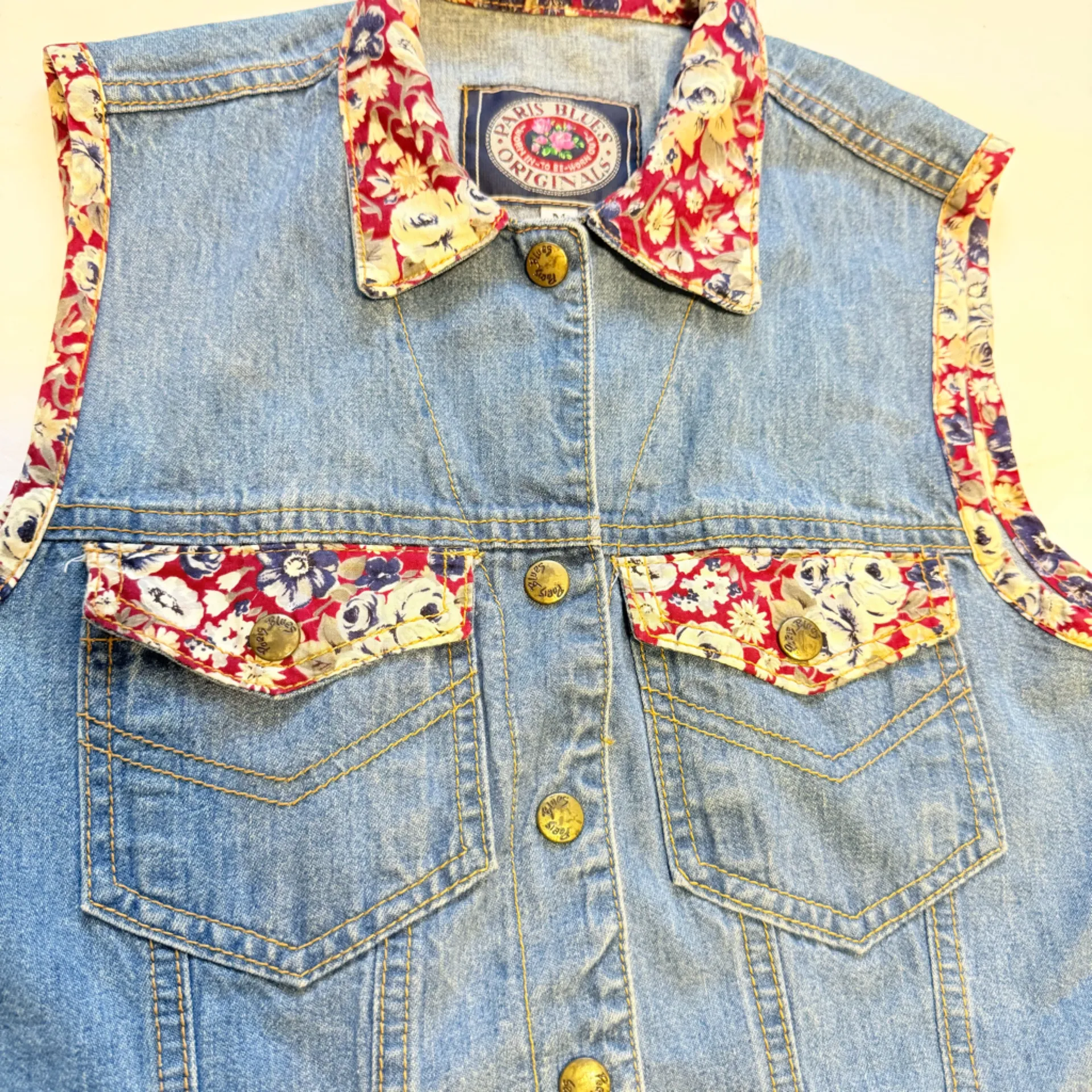 Paris Blues Original Denim Vest Boho Floral – Size M - Image 2