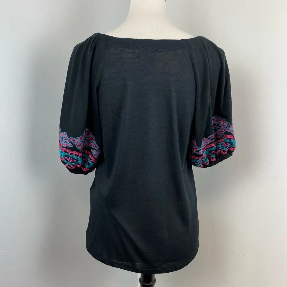 Floral Embroidered Puff Sleeve Blouse Top Telluride Clothing Medium Black - Image 6