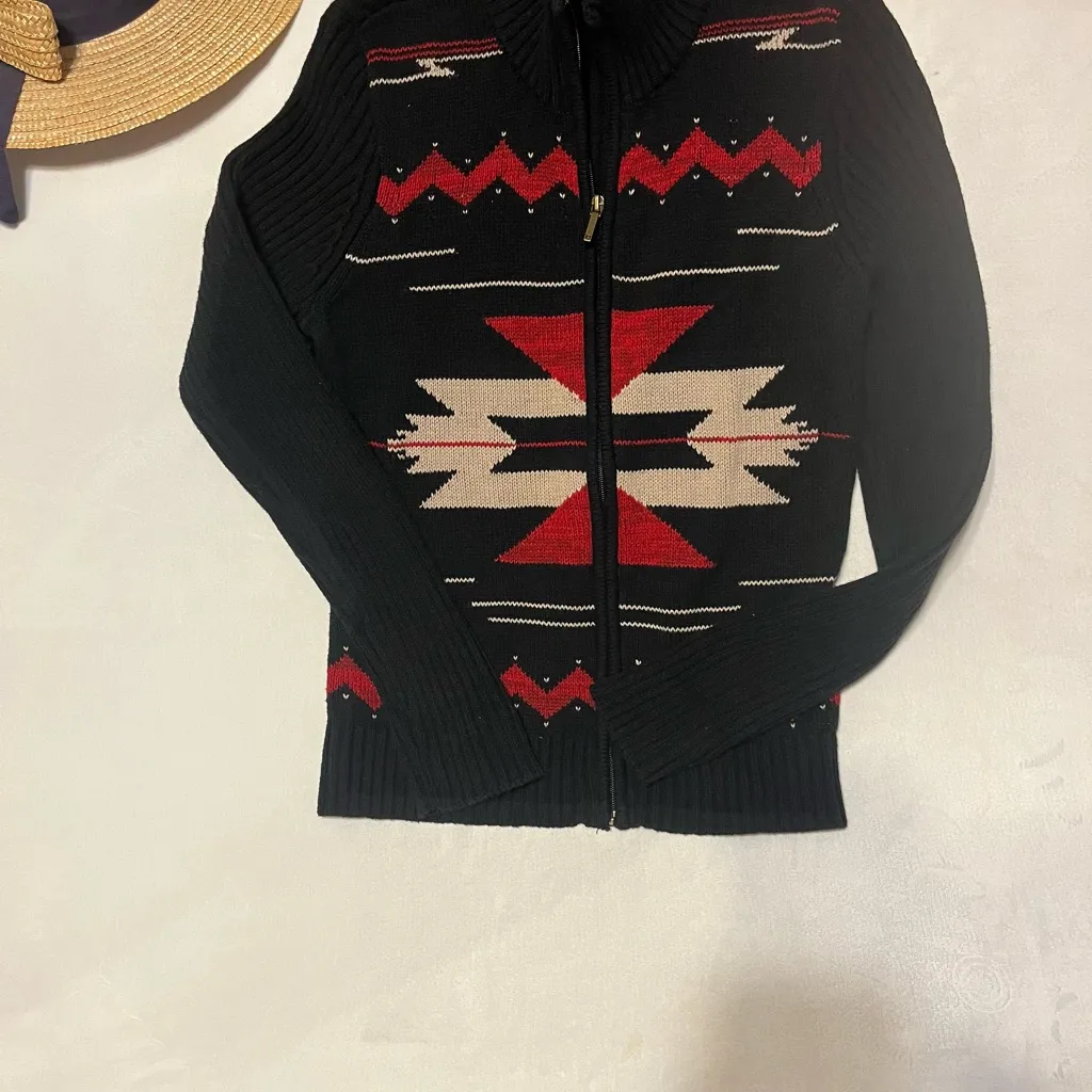Vintage Chaps Southwestern Zip Sweater Jacket Black Red Knit women’s Size L - Image 3