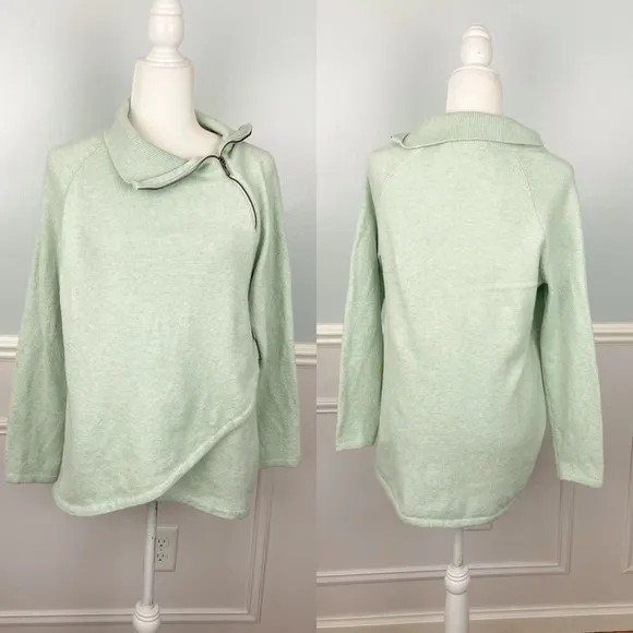 Soft Surroundings Mint Green Pullover Sweater Mock Neck Zipper At Neck Wool Sz L - Image 2