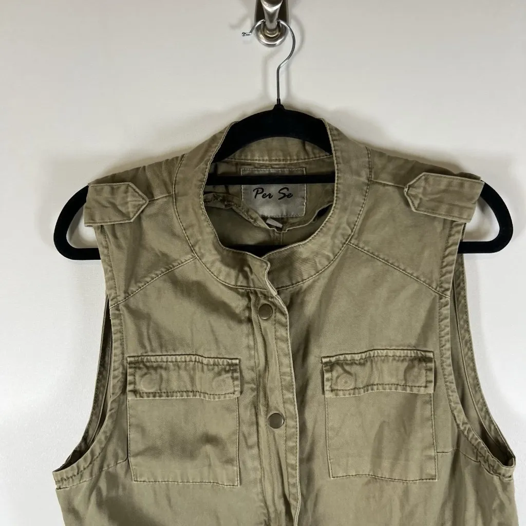 Per Se Utility Vest Womens L Army Green Pockets Drawstring Waist Jacket Military - Image 2