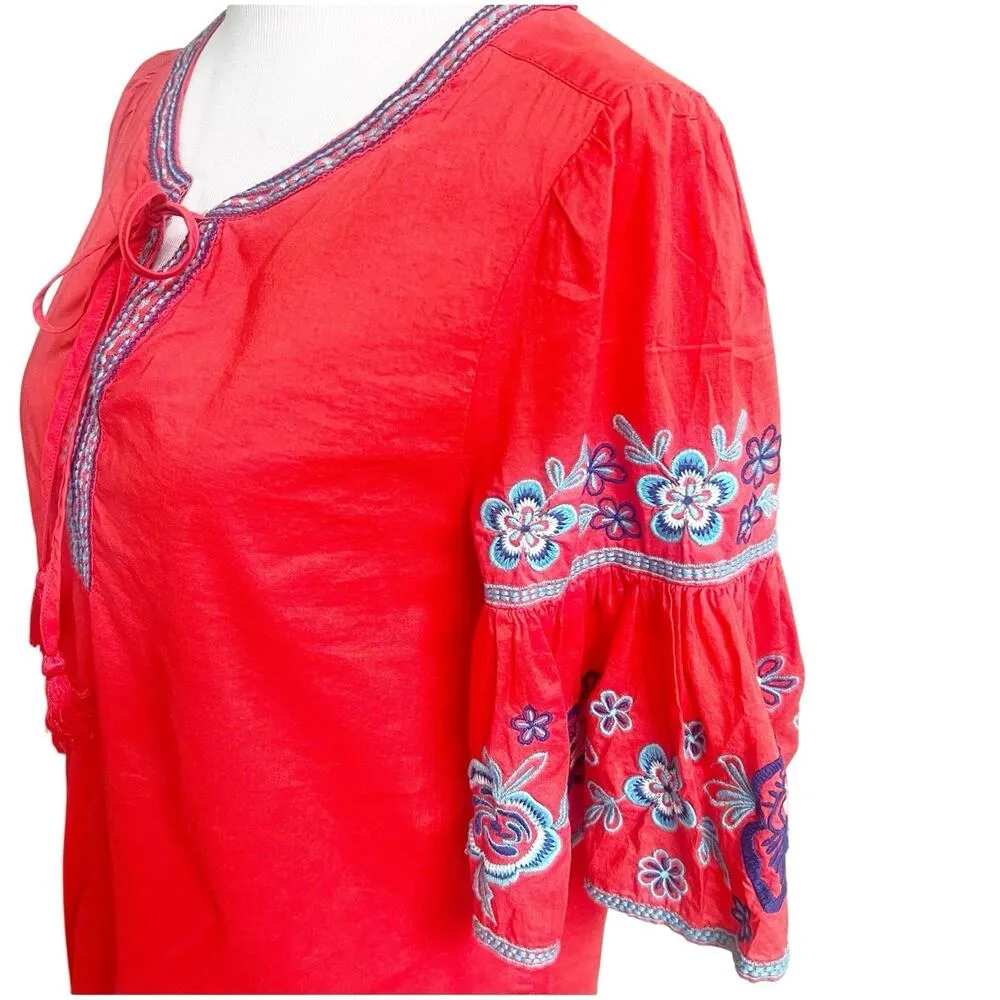 Beach Lunch Lounge Embroidered Bell Sleeve Blouse Size Small Tie Neck Coral Boho - Image 3