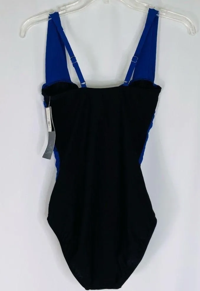 NWT Aqua Green Sapphire Blue & Black Runched One Piece Modest Swimsuit Small - Image 5