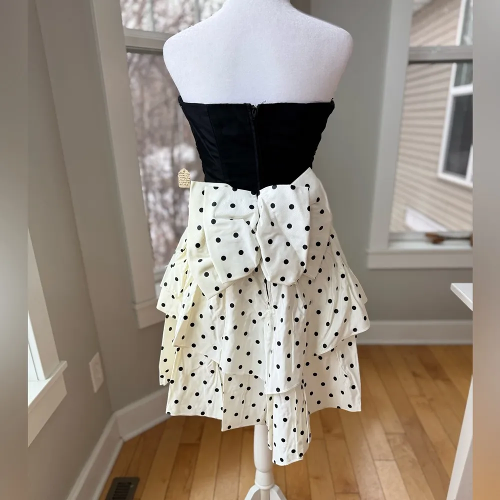 ZUM ZUM Vtg 80s Taffeta Ivory Black Polka Dot Bow Back Strapless Prom Dress 9 Jr Size undefined - Image 14