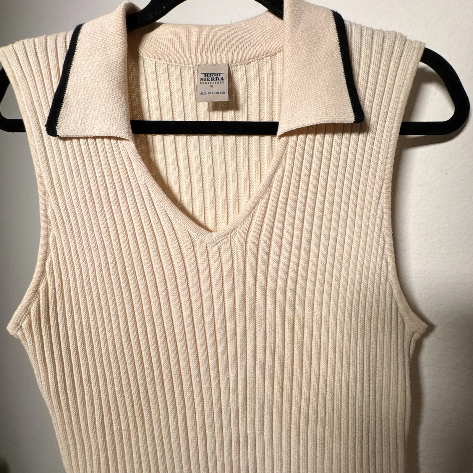 Vintage Ribbed Knit Polo Sweater Vest Beige Cream XL - Image 3