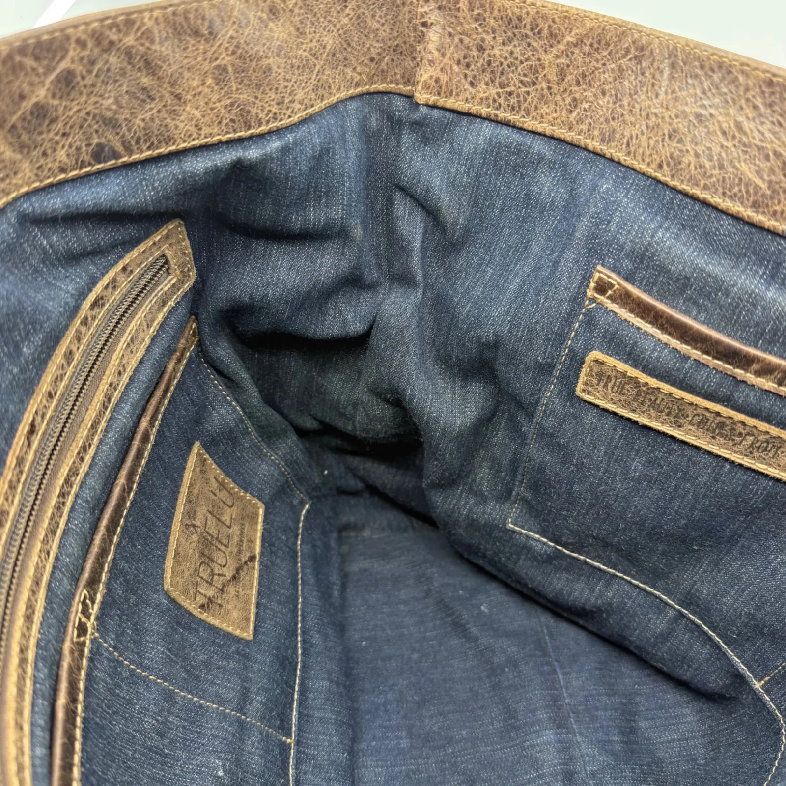 American‎ West TrueLu Brown Leather Tote Bag Purse Denim Lined Shoulder Bag - Image 15