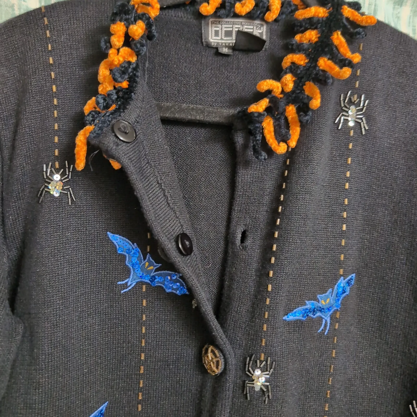 Berek Halloween Cardigan Pumpkins Bats Spiders Spiderweb Buttons Sequins Beads M Black Size M - Image 6