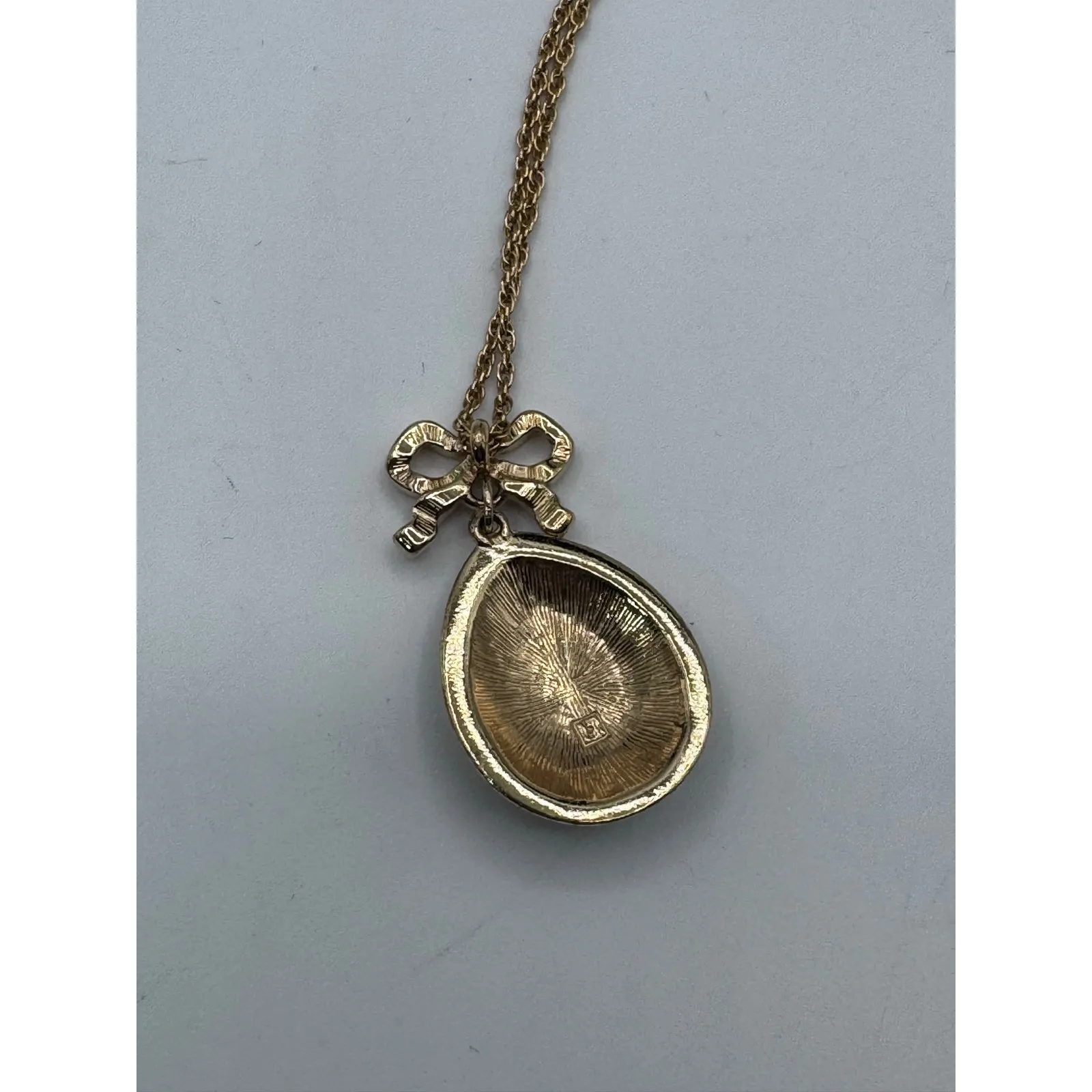 Vintage Blue Enamel Egg Pendant Necklace Bow Detail Gold Tone Chain 18" Green - Image 5