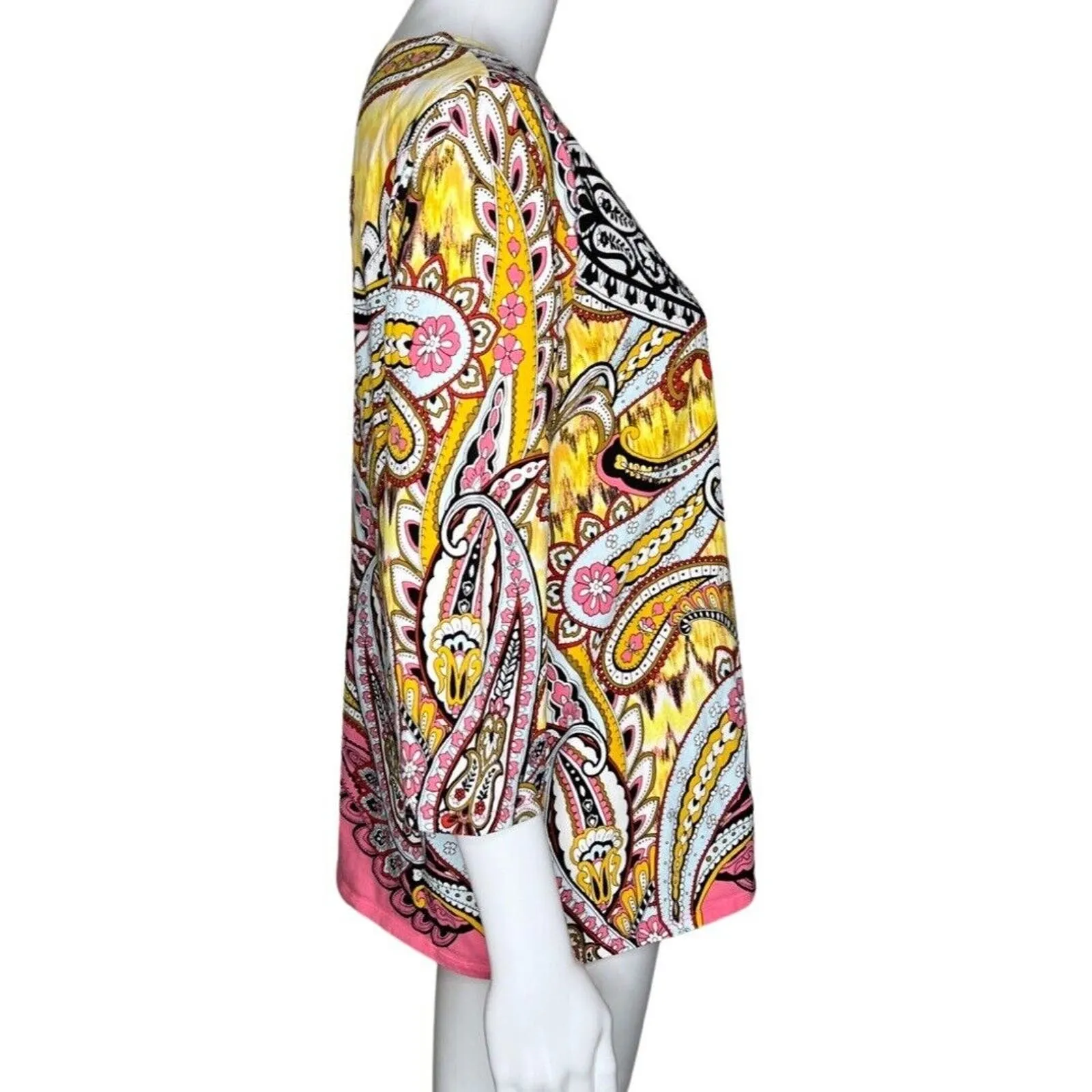 Chicos Shirt Womens Medium 1‎ Pink Yellow Paisley Split Neck Tee Basic Casual - Image 2