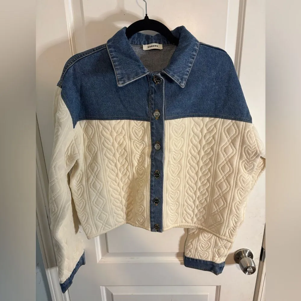 SANDRO Ralph Denim-paneled textured-knit jacket size 4/ US XL NWT - Image 4
