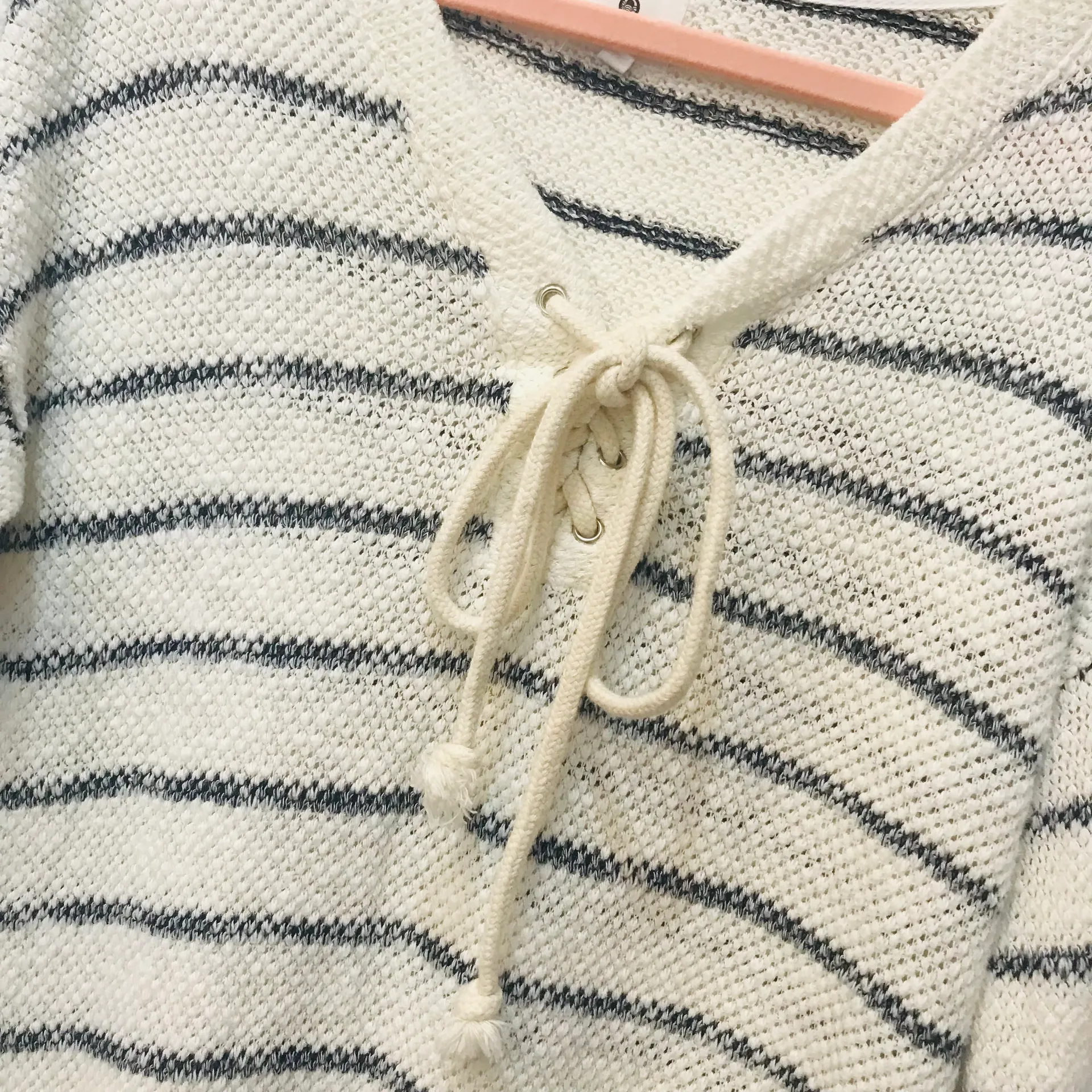 Striped Lace Up Sweater Natural White navy blue Size 1 small. - Image 7