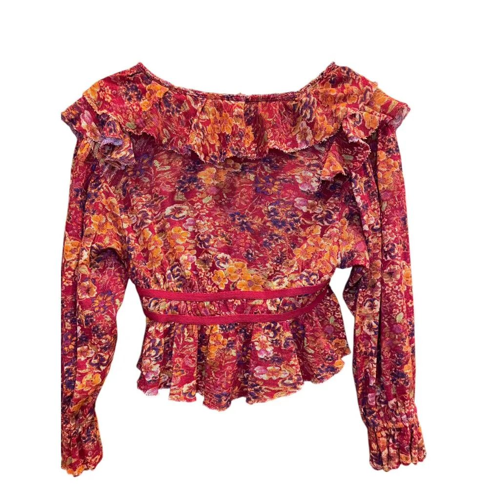 Free People Rudi Ruffle Tunic Top Cropped Orange Red Floral Women XS 100% Cotton - Image 9