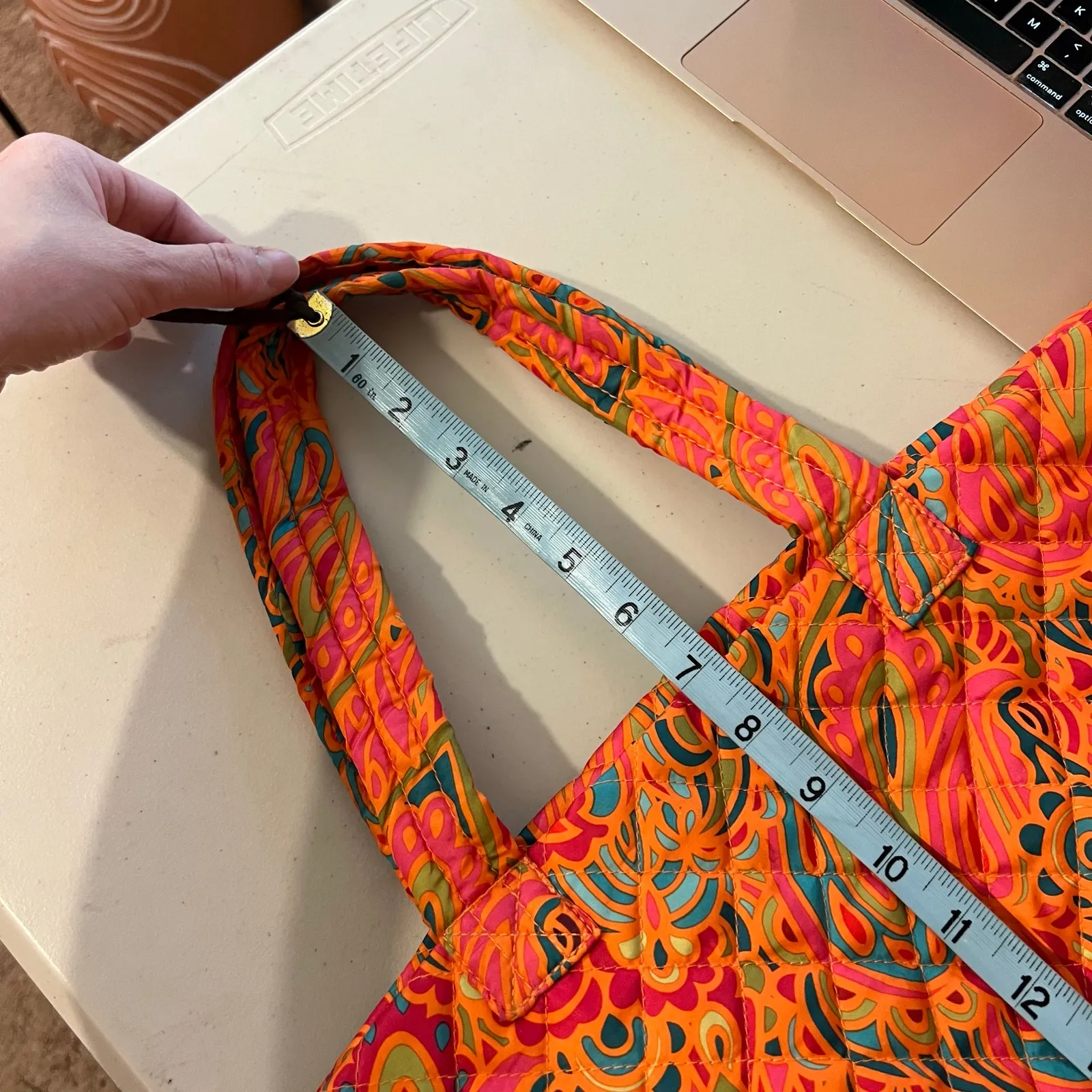 Orange Multi Colored Quilted Floral Printed Nylon Double Handle Zipper Tote Bag - Image 11