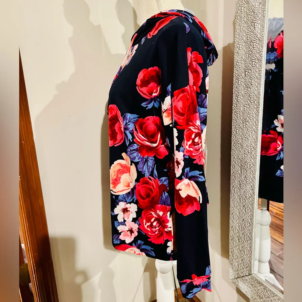 POOF! Black With Pink And Red Rose Floral Long Sleeve Knit Hoodie Size Medium - Image 3