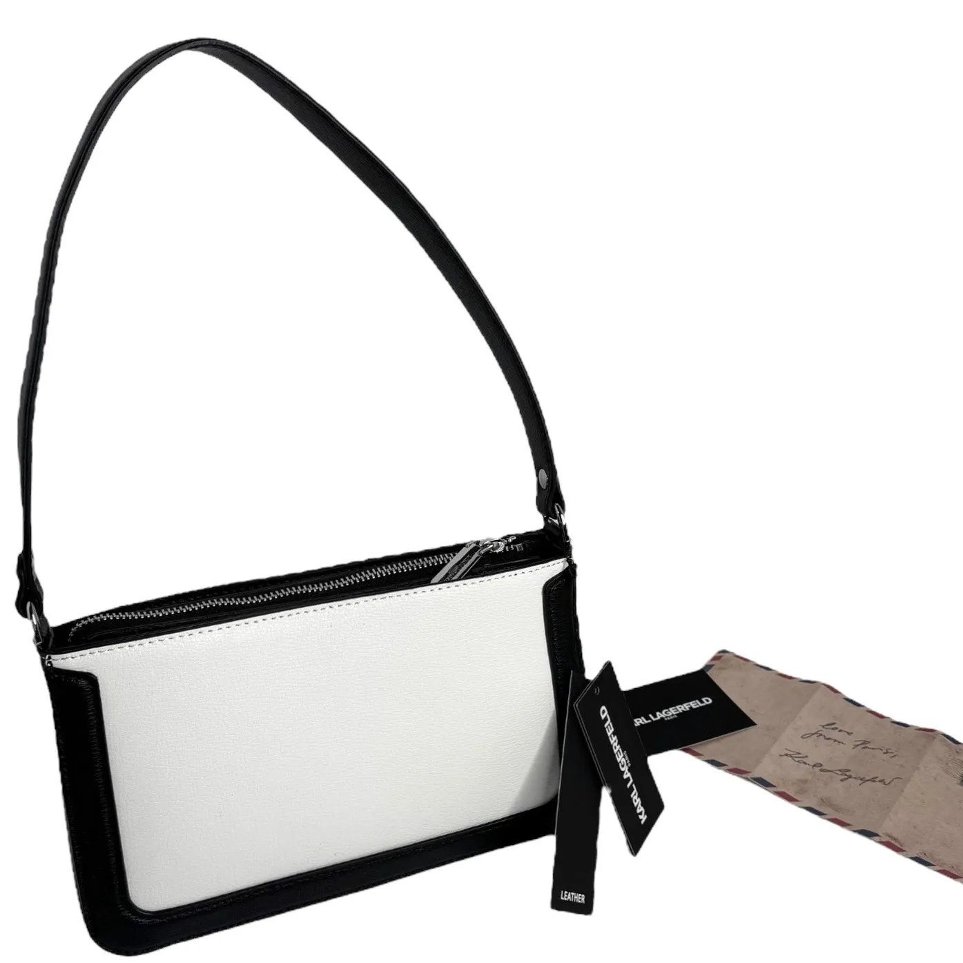 Karl Lagerfeld LEATHER SHOULDER BAG Black & White Handbag Mini Purse 10"x6" NWT! - Image 3